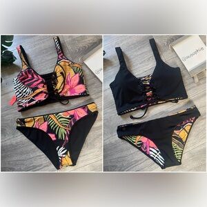 Maaji Hat Black Dazzling Tropical Print Lace Up Bikini Top M & Classic Bottom S